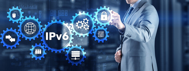 IPv6. Businessman pressing touch screen interface and select icon Internet Protocol