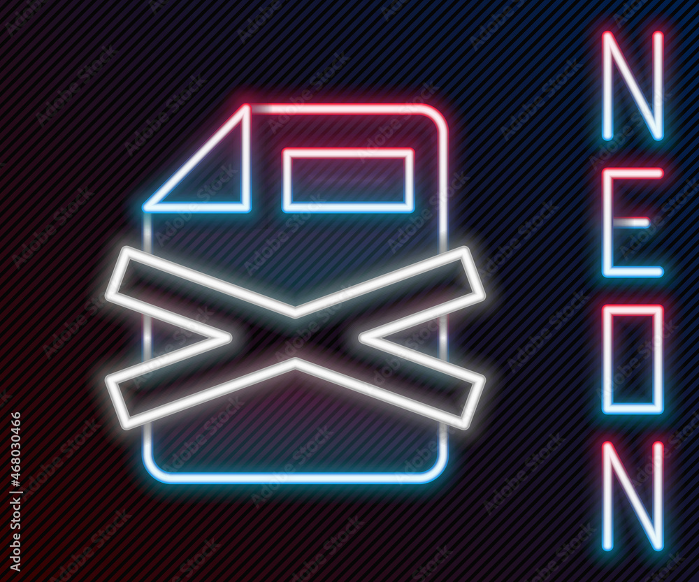 Poster glowing neon line delete file document icon isolated on black background. rejected document icon. cr