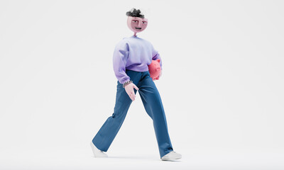 Awesome Travor walks with a piggy bank under his arm. Highly detailed fashionable stylish abstract character isolated on white background. Right view. 3d rendering.