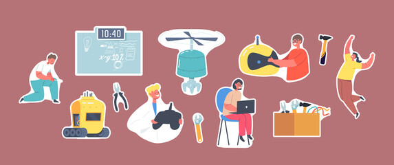 Set of Stickers Kids Programming and Creating Robots . Engineering for Kids, Children Learn Science, Mechanic Activities