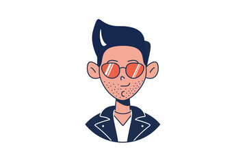 Head of bold dark-haired man in profile. Portrait of brunet man in sunglasses and leather jacket. Avatar of stylish guy for social networks. Isolated vector illustration in flat style