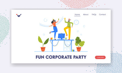 Fun Corporate Party Landing Page Template. Christmas Celebration, Cheerful People in Hats with Wine Glasses Celebrating