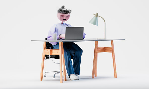 Awesome Travor sits at a desk and working. Highly detailed fashionable stylish abstract character isolated on white background. Right view. 3d rendering.