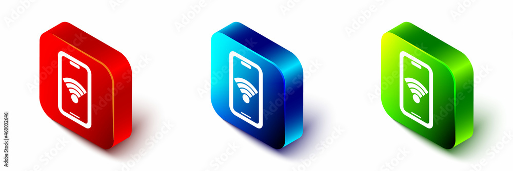 Poster isometric smartphone with free wi-fi wireless connection icon isolated on white background. wireless