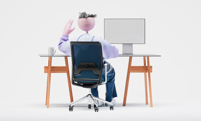 Awesome Travor greets with a hand on camera by computer. Online communication concept. Highly detailed fashionable stylish abstract character isolated on white background. Right view. 3d rendering.