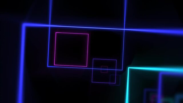 Neon colorful geometric lines and squares in space, abstract futuristic, cyber and music style background