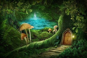 Magic forest with house tree