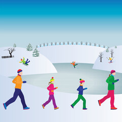 Running family. In winter clothes.