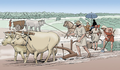 Ancient Rome - Men work in the fields with a cart pulled by oxen
