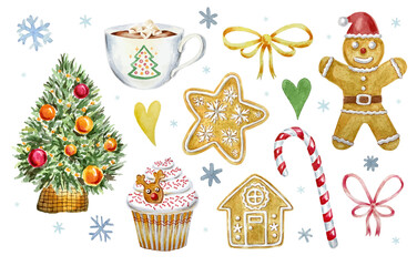 Cute winter objects set hand drawn in watercolor isolated on white background, vector illustration. Christmas tree, cup of hot coffee, gingerbread cookies, cupcake, candycane, decorations for New Year - obrazy, fototapety, plakaty