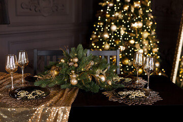 Beautiful table setting with Christmas decorations in living room