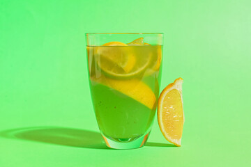 Glass of fresh lemonade on green background