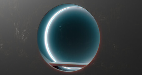 3d rendering. A marble wall with a niche and chambers in it, illuminated with neon light.