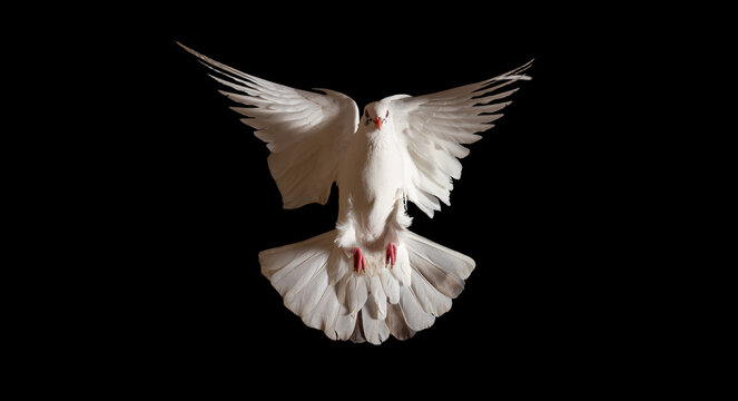 white dove spreading its wings flies on a black background