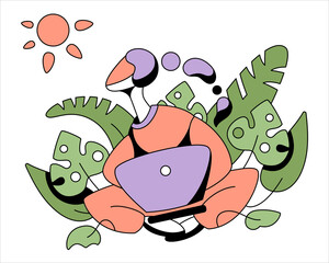 Vector color illustration of a girl at work with a laptop in leaves looking longingly at the sun