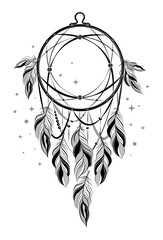 A dreamcatcher, hand-drawn in ink. An ethnic feature of the indigenous peoples of America. Indian mascot, ethnic, boho, tribal, on a white background. A mandala with feathers. Hippie style.