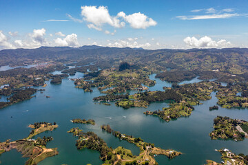beautiful aerial of river landscape in guatape colombia during the summer