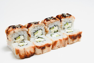 Japanese seafood sushi , roll on a white background