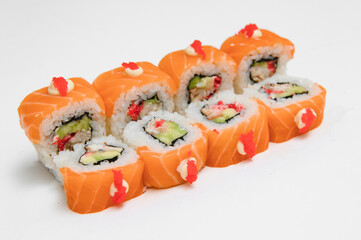 Japanese seafood sushi , roll on a white background