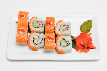Japanese seafood sushi , roll on a white background