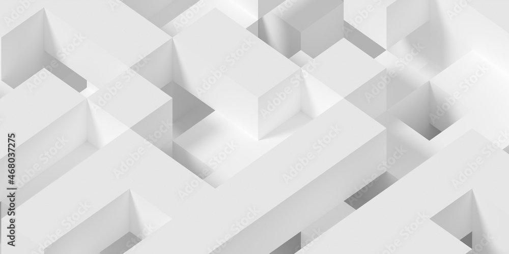 Poster white random shifted isometric geometrical cube or boxes maze background