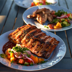 BBQ ribs sliced with hot honey and chili marinade