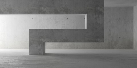 Abstract empty, modern concrete room with indirect lighting from left, abstract pillar in the center and rough floor - industrial interior background template