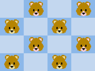 Pixel style brown bear head cartoon character on blue background.	
