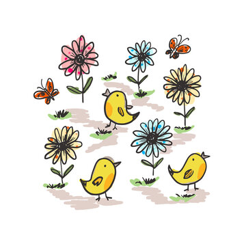 Cute sketch hand drawn color pencil yellow little chickens illustration. Bright cartoon childish funny birds and flowers for kids print design, textile decoration, greeting cards, stickers, logo