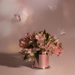 Bouquet of soft pink lily of the Incas (Alstroemeria)  in dreamy background. Digitaly modicicaded image of  Still life flower photography. Bokeh Effect.