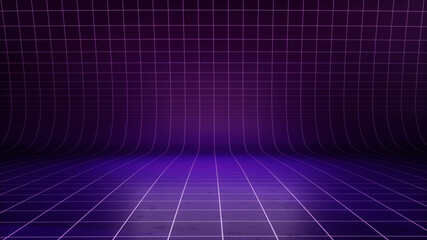 New retro wave virtual background. A TV backdrop Ideal for tech shows, or technology events. 3D render suitable on VR tracking systems with green screen - obrazy, fototapety, plakaty