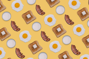 Pattern made with fried eggs, slices of crispy bacon, toast bread with butter and glasses of milk on pastel yellow background.