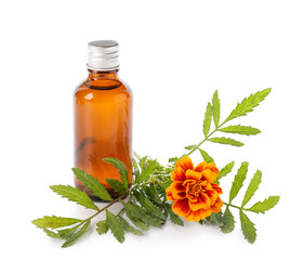 Bottle with essential oil of marigold flowers isolated on white background