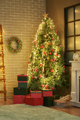 Fototapeta na wymiar Beautiful mistletoe wreath with Christmas tree and gifts in interior of room