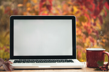 Laptop with blank screen on a table in the autumn garden. Template for ads, design, advertising