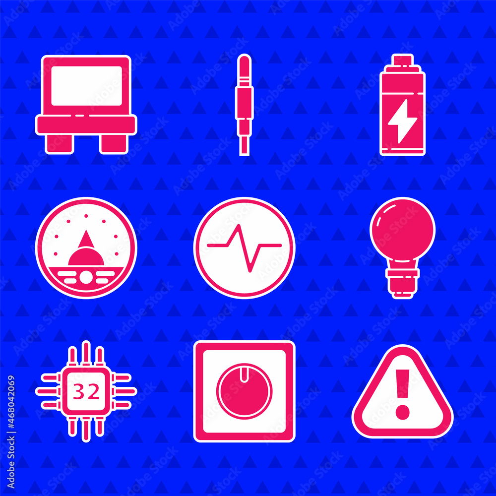 Poster set electric circuit scheme, exclamation mark in triangle, light bulb with concept of idea, processo
