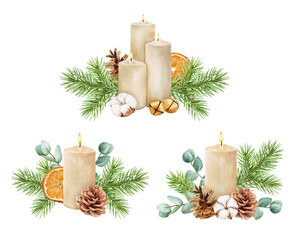 Watercolor Christmas candle with holiday decor. Botanical illustration for design. Hand painted floral composition with eucalyptus leaves, bells, pine cones and berries isolated on white background. 