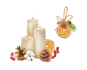 Watercolor Christmas candle with holiday decor. Botanical illustration for design. Hand painted floral composition with eucalyptus leaves, bells, pine cones and berries isolated on white background. 