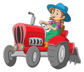The farmer girl is driving the tractor