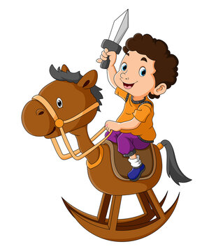 The boy is holding a sword and playing the horse toy