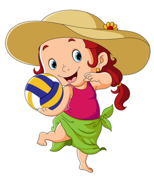 The happy girl is playing the volleyball in the beach