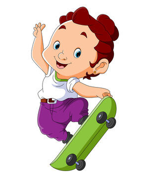 The cool girl is playing the skateboard
