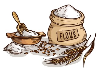 A bag of fresh burlap flour. Wooden dish and scoop on white background vector illustration