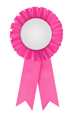 Circular pleated pink ribbon winners rosette with blank white center for applying a design to....