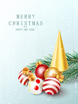 Christmas and New Year poster with Christmas tree branches and balls. Realistic vector background for design invitations, cards and web