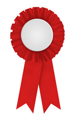 Circular pleated red ribbon winners rosette with blank white center for applying a design to....