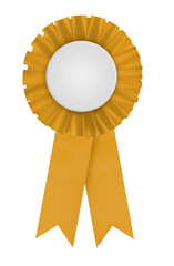 Circular pleated yellow ribbon winners rosette with blank white center for applying a design to....