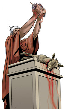 Ancient Rome - A high priest makes a sacrifice of a lamb to the Gods to propitiate the abundance of the harvest
