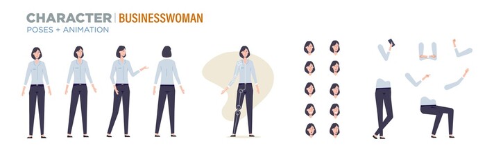 businesswoman character for animation. Creation set with various views, face emotions, poses and gestures.
