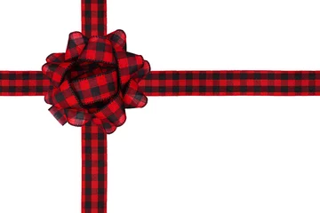 Fototapeten Christmas gift bow and ribbon with red and black buffalo plaid pattern. Box shape isolated on a white background. © Jenifoto